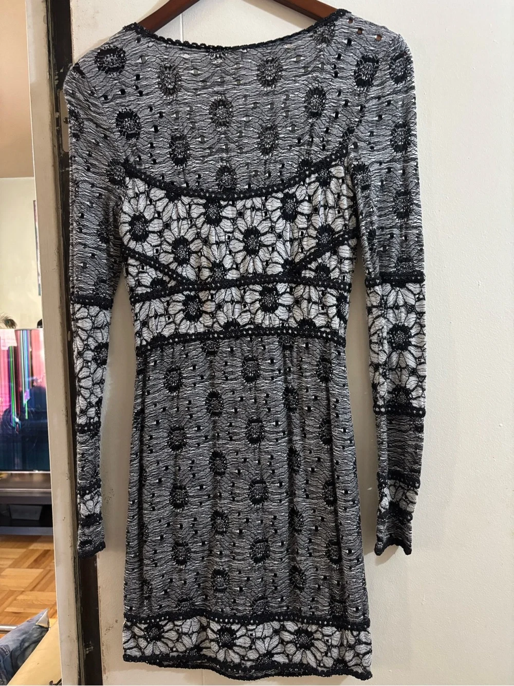 Free People Black and White Crochet Lace Long Sleeve Dress